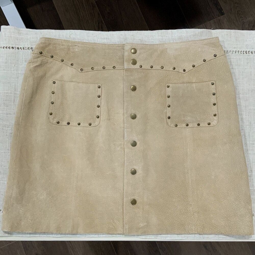 VTG Y2K Genuine Leather Studded Mini Skirt by Route 66 Tan Size 10